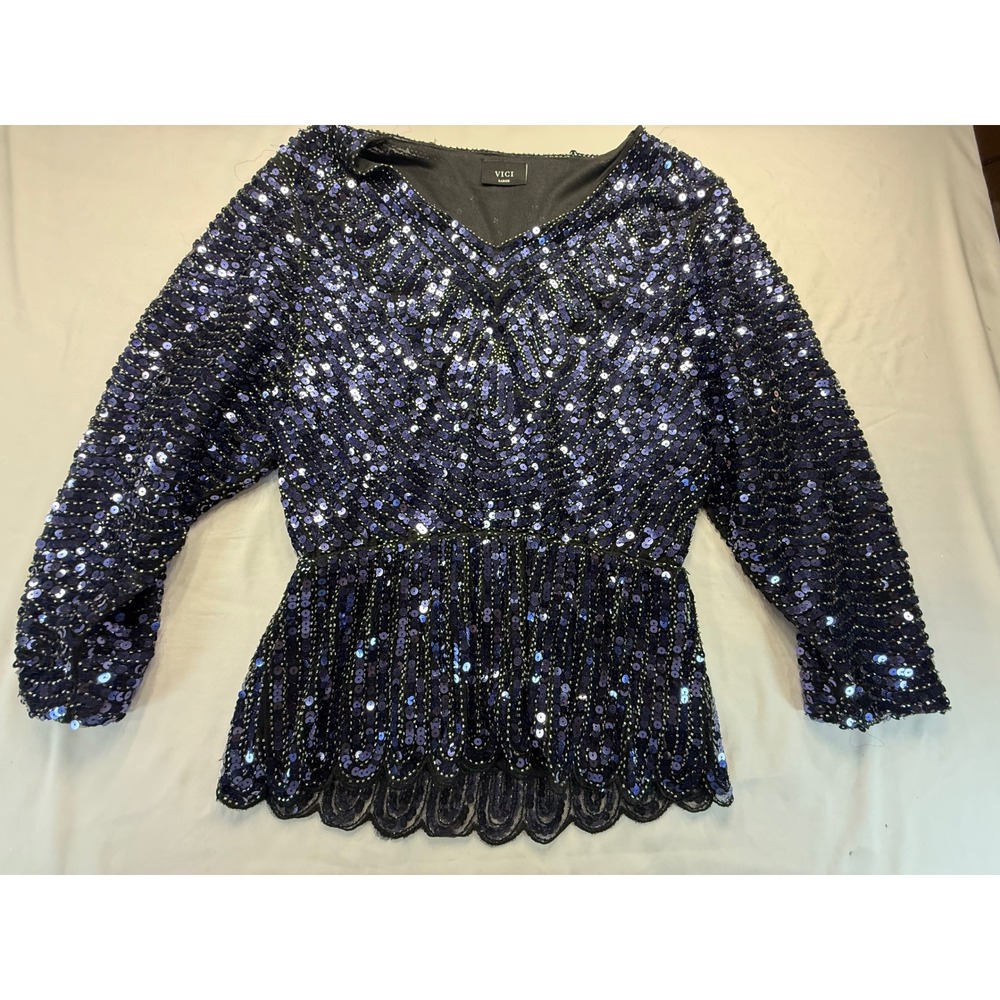 VICI Women Sequin Peplum Top Large Navy Purple V-Neck Long Sleeve Blouse Scallop